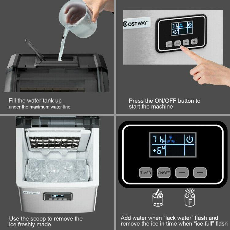 48lbs Stainless Ice Maker with LCD & Self-Cleaning