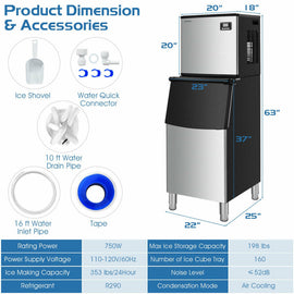 353lbs/24H Commercial Ice Maker with 198lbs Bin